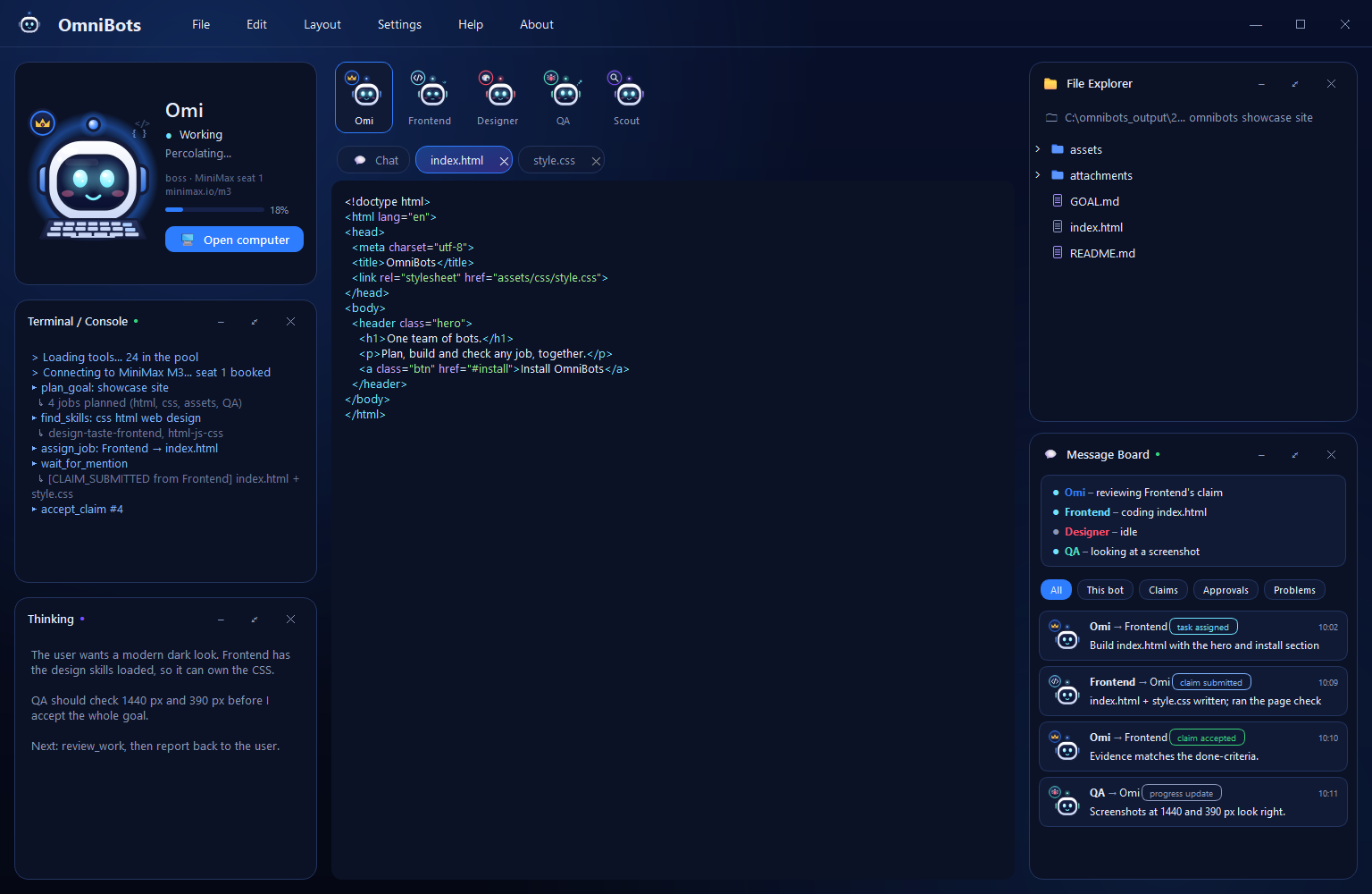 The built-in editor with index.html and style.css open in tabs next to the chat.