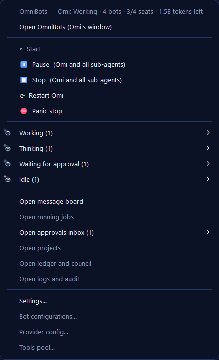 The tray menu: team status, start, pause, stop, panic stop, bots grouped by state, approvals inbox.