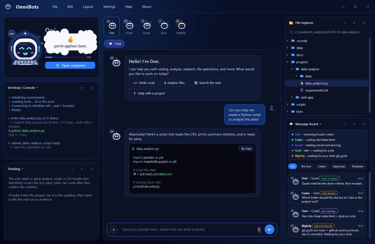 A bot window: Omi's ID card with his coding keyboard, a thought bubble, the console and thinking panels, the chat with a code block, the file explorer and the message board.